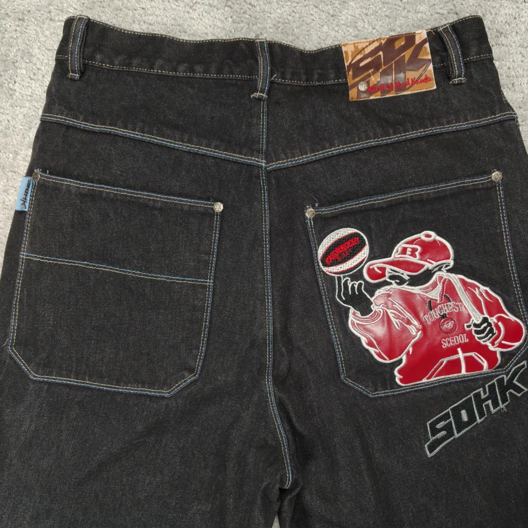 SOHK 刺繍 ワッペン デニムパンツ 34 黒 太め Y2K HIPHOP