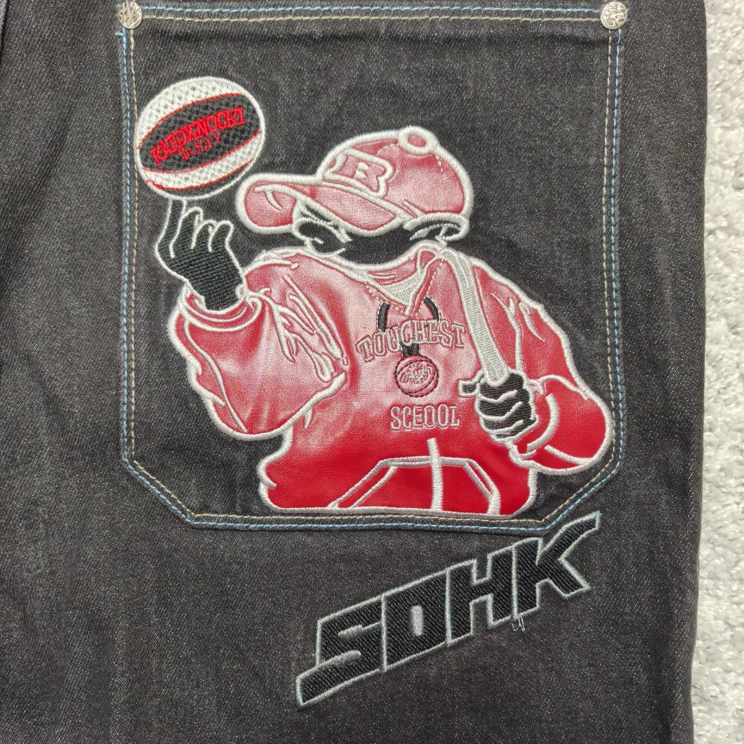 SOHK 刺繍 ワッペン デニムパンツ 34 黒 太め Y2K HIPHOP