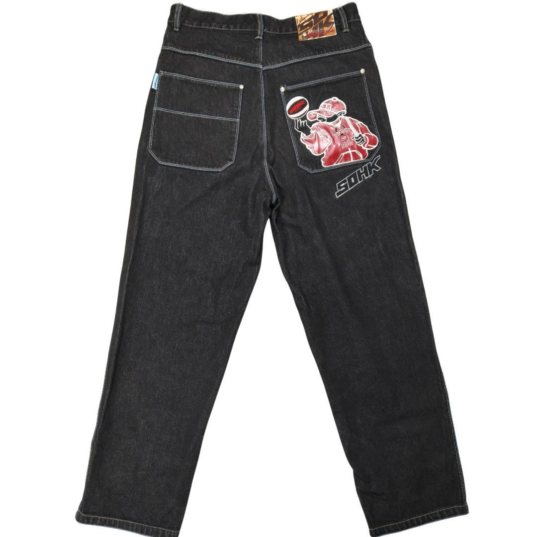 SOHK 刺繍 ワッペン デニムパンツ 34 黒 太め Y2K HIPHOP