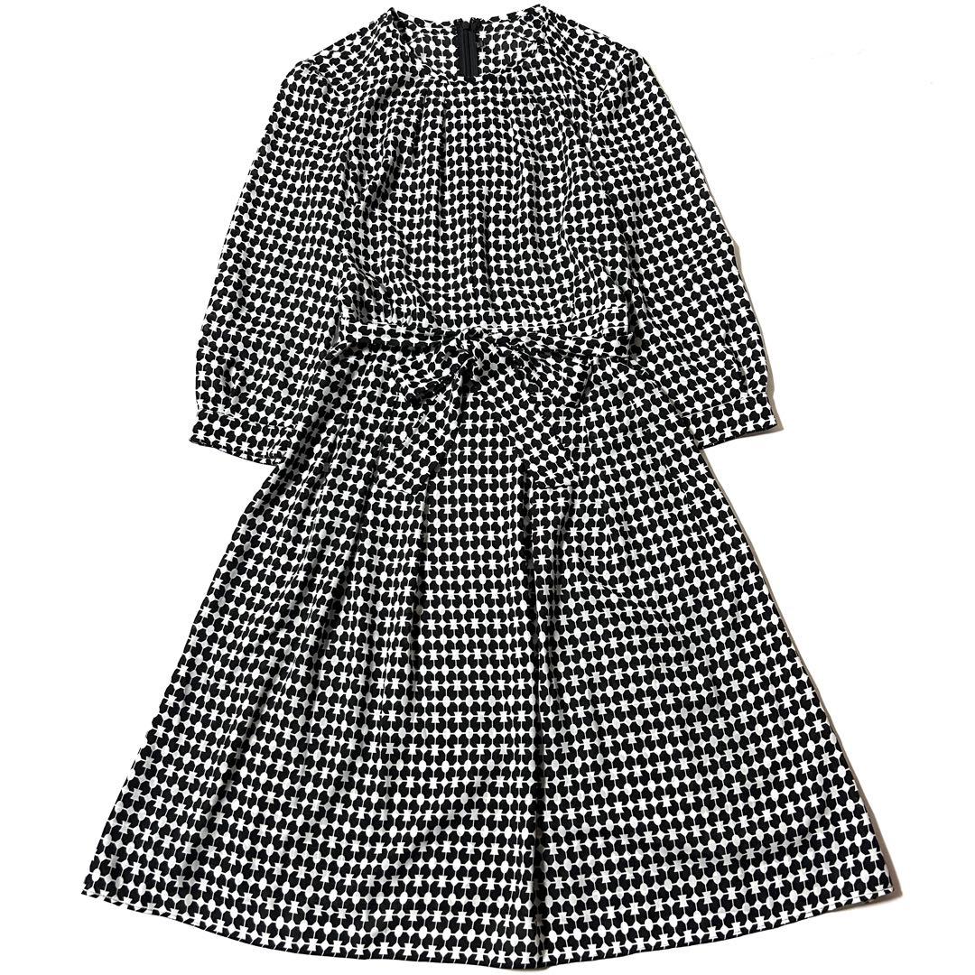 【美品】ポールスチュアート　八分袖　ワンピース　総柄　リボン　キャミソール付　6