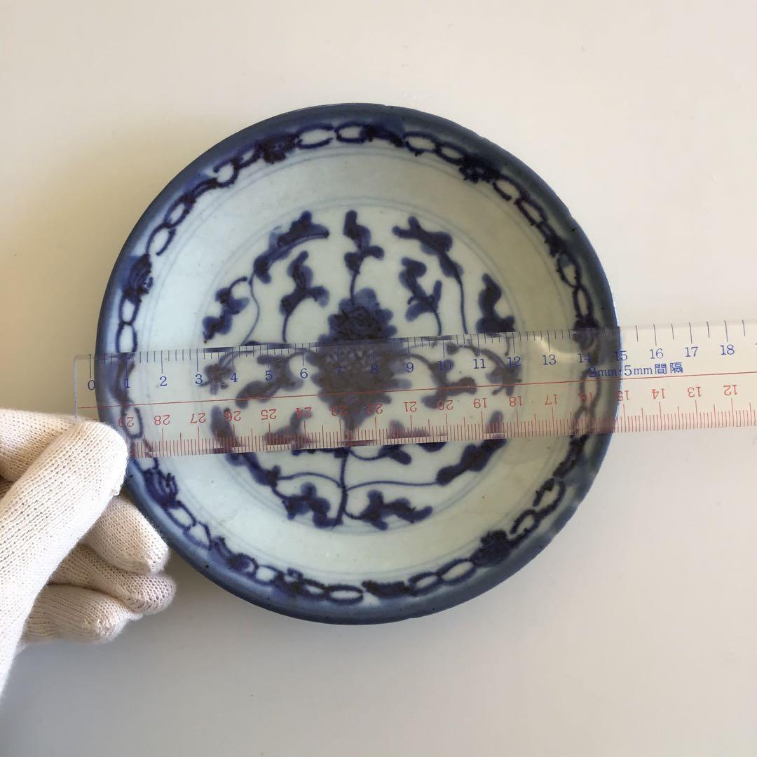 中国 清朝？ 骨董 磁器 染付皿2枚セット 約15cm / 手き描青花唐草文