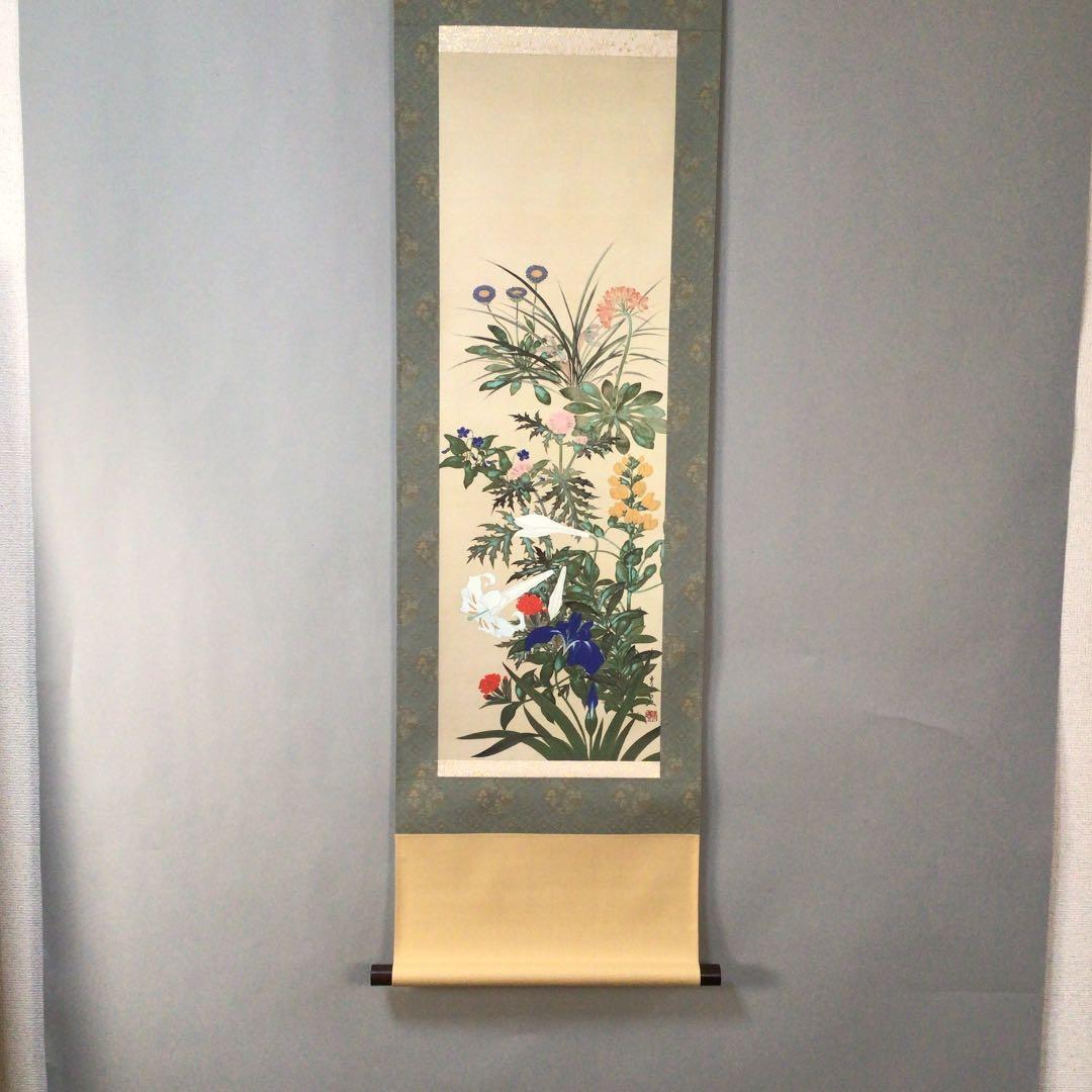 メ*4様 No.982 美品　掛け軸　鈴木其一「草花図」絹本　印刷工芸品　共箱入