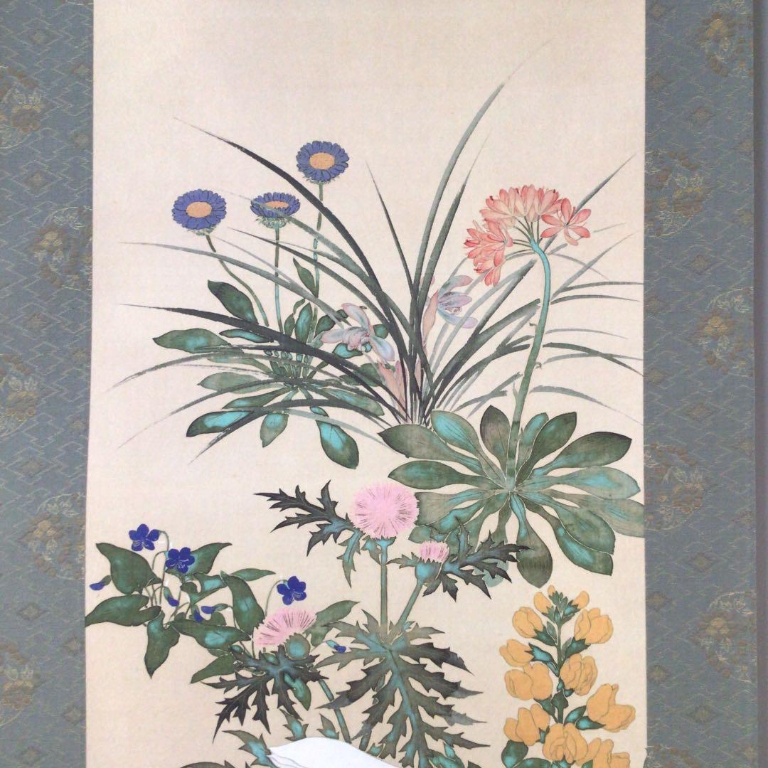メ*4様 No.982 美品　掛け軸　鈴木其一「草花図」絹本　印刷工芸品　共箱入