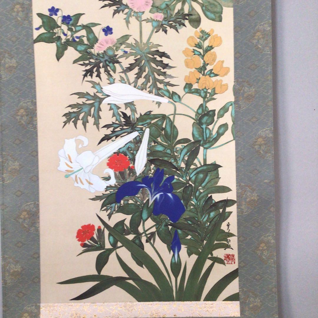 メ*4様 No.982 美品　掛け軸　鈴木其一「草花図」絹本　印刷工芸品　共箱入