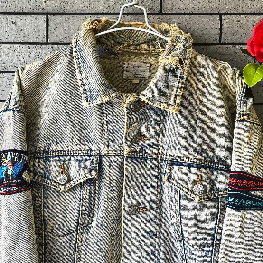 ♠90’ヴィンテージ✨希少品　デニムジャケット　Gジャン　ダメージ　ワッペン　L