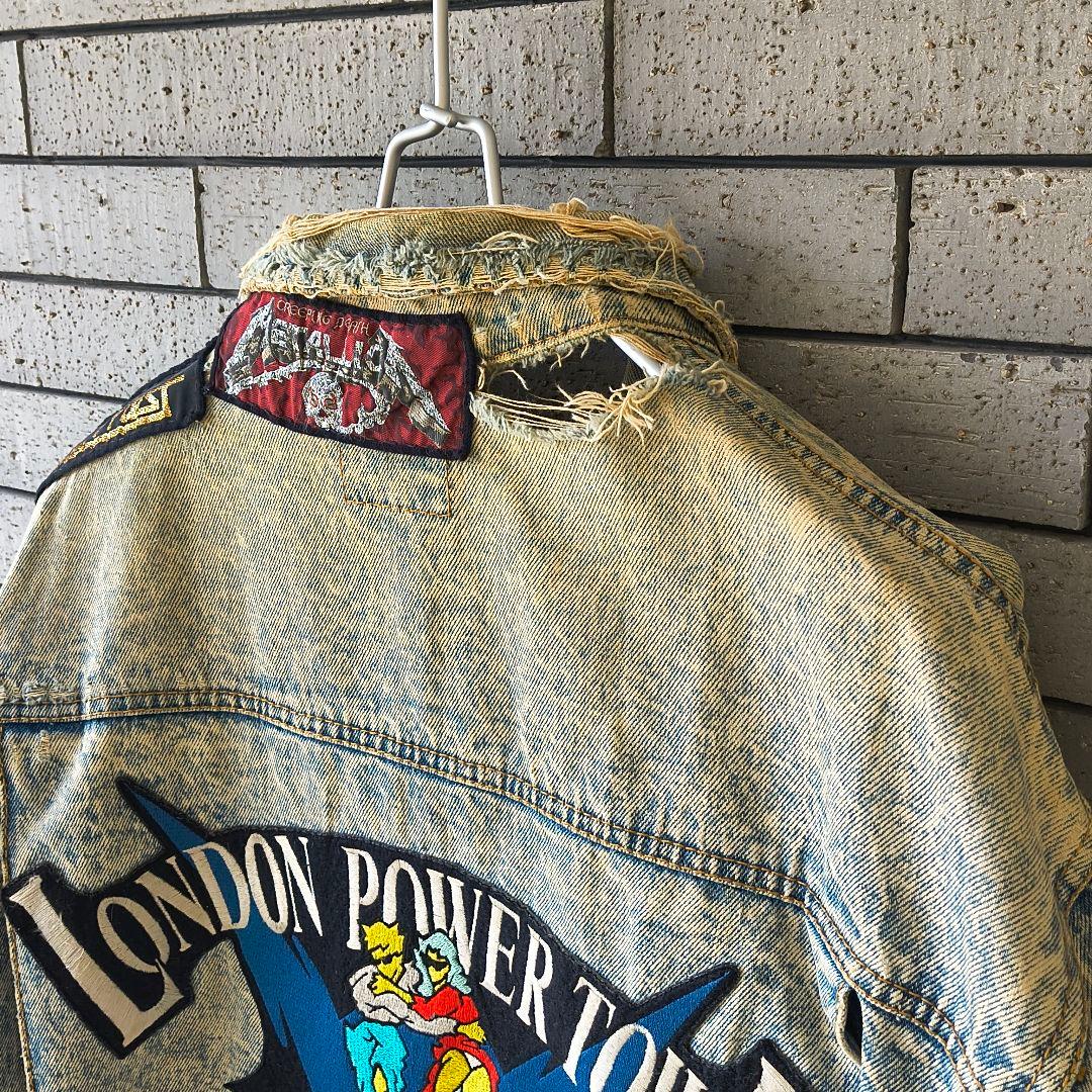 ♠90’ヴィンテージ✨希少品　デニムジャケット　Gジャン　ダメージ　ワッペン　L