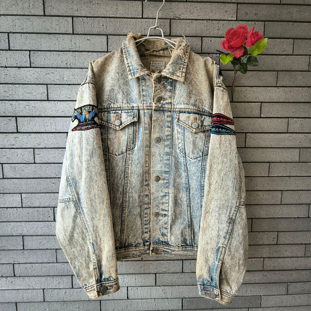 ♠90’ヴィンテージ✨希少品　デニムジャケット　Gジャン　ダメージ　ワッペン　L
