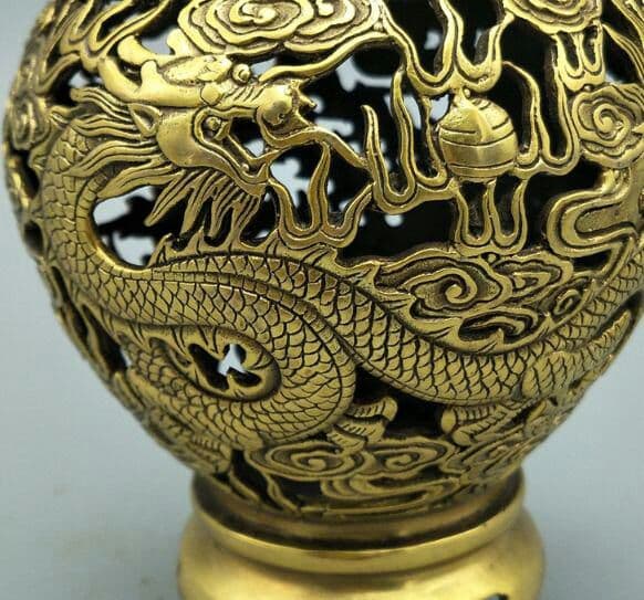 細工銅製  純銅精彫り龍紋花瓶  置物8