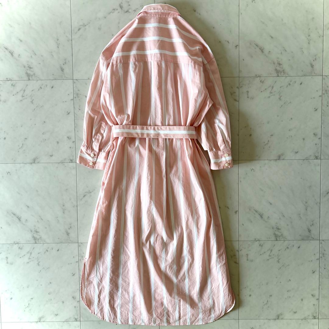 極美品 グレースクラス ストライププリントシャツワンピース ピンク 七分袖 S
