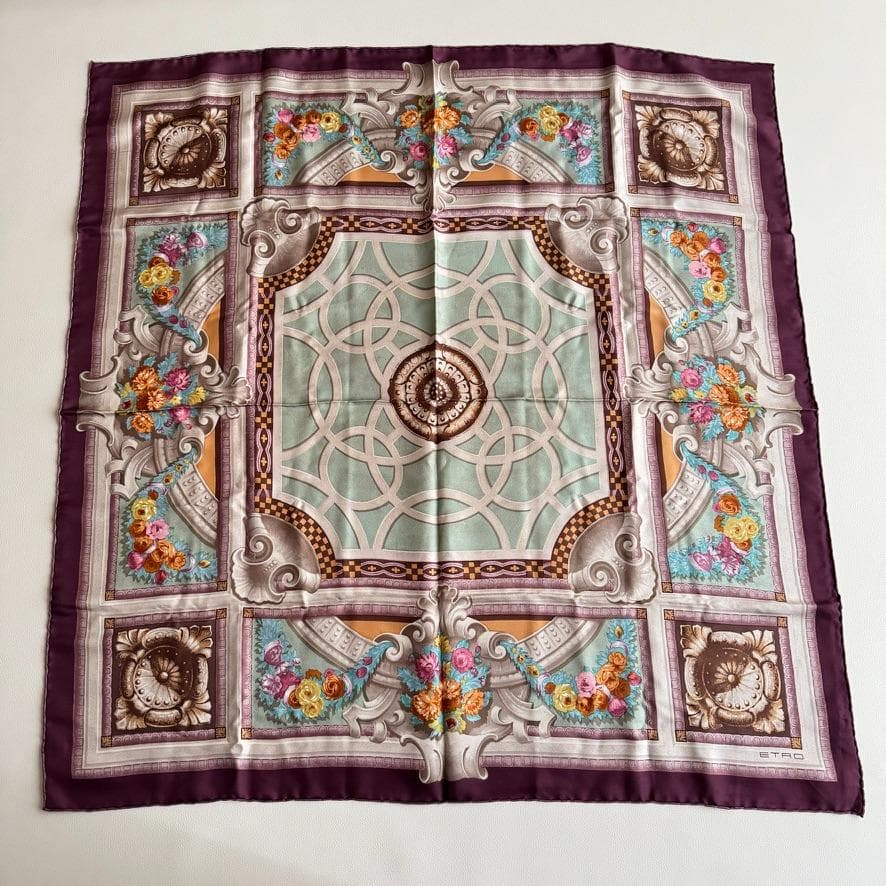 【極美品】ETRO エトロ シルク100% スカーフ 花柄 パープル イタリア