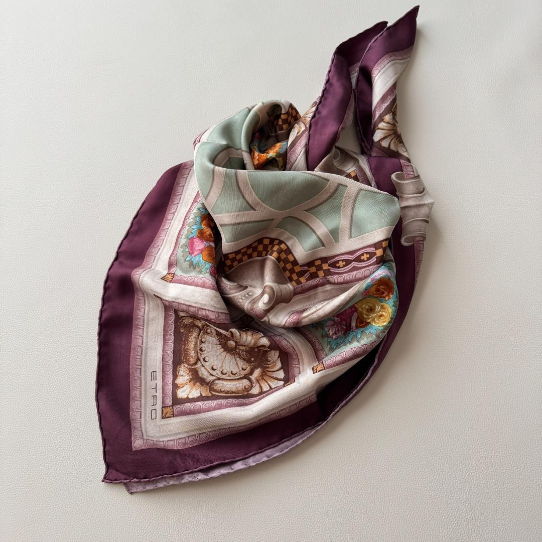 【極美品】ETRO エトロ シルク100% スカーフ 花柄 パープル イタリア