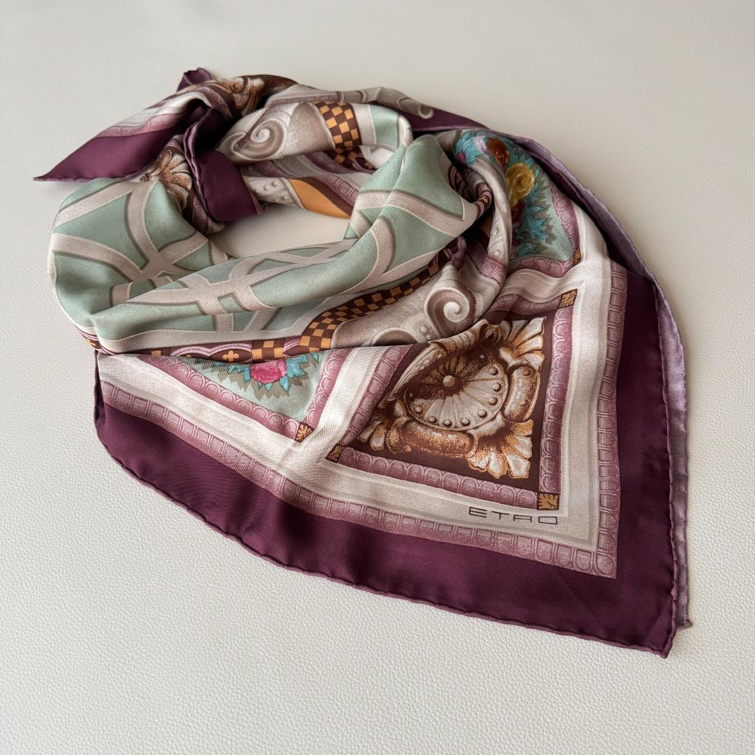 【極美品】ETRO エトロ シルク100% スカーフ 花柄 パープル イタリア
