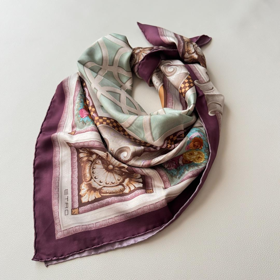 【極美品】ETRO エトロ シルク100% スカーフ 花柄 パープル イタリア