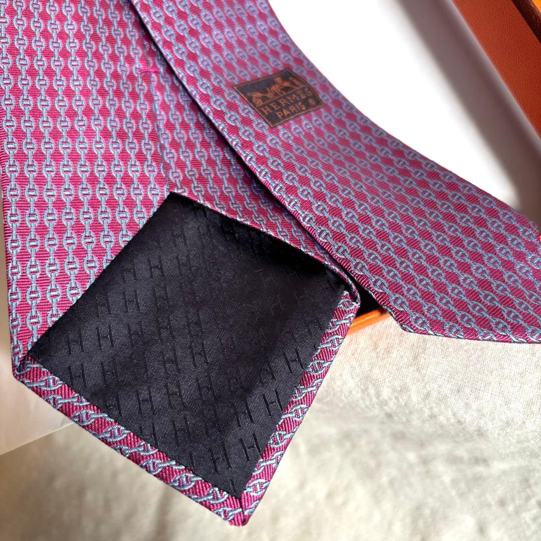 エルメスHERMES✨ヘリンボーン幾何学模様 ブランドネクタイ高級シルク　ピンク