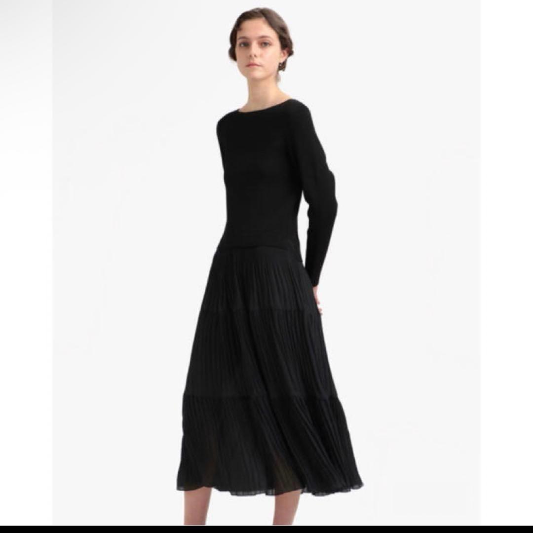 美品♡セオリーリュクス 現行 異素材ティアードワンピース リブニット ブラック