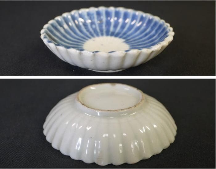 古伊万里　瑠璃釉　菊割　輪花　豆皿　径約7cm