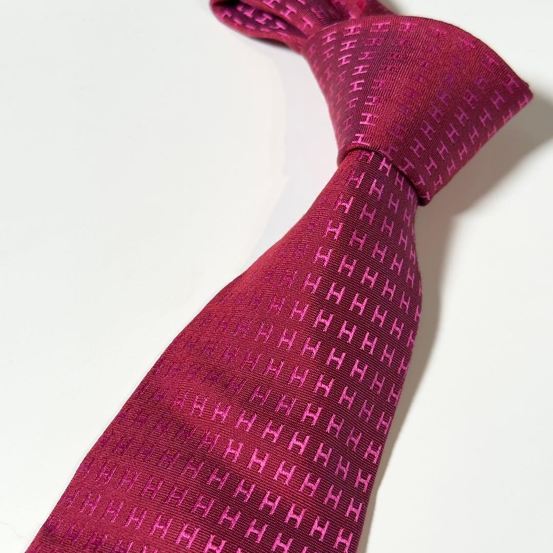 【美品】 HERMES エルメス H柄 ファソネ レッド系 ネクタイ