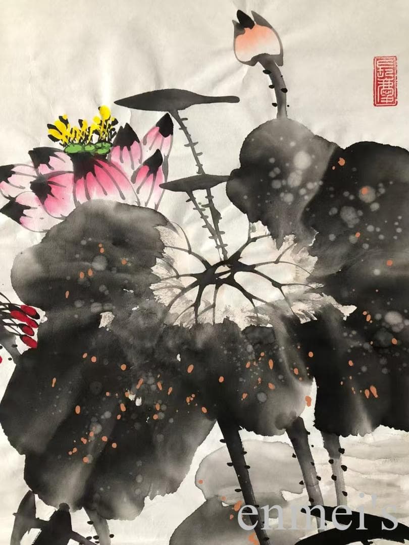 中国古美術・荷花鯉鱼図三尺画芯・啓功印款・水墨画・純手描き・文房具・宣紙・带水印