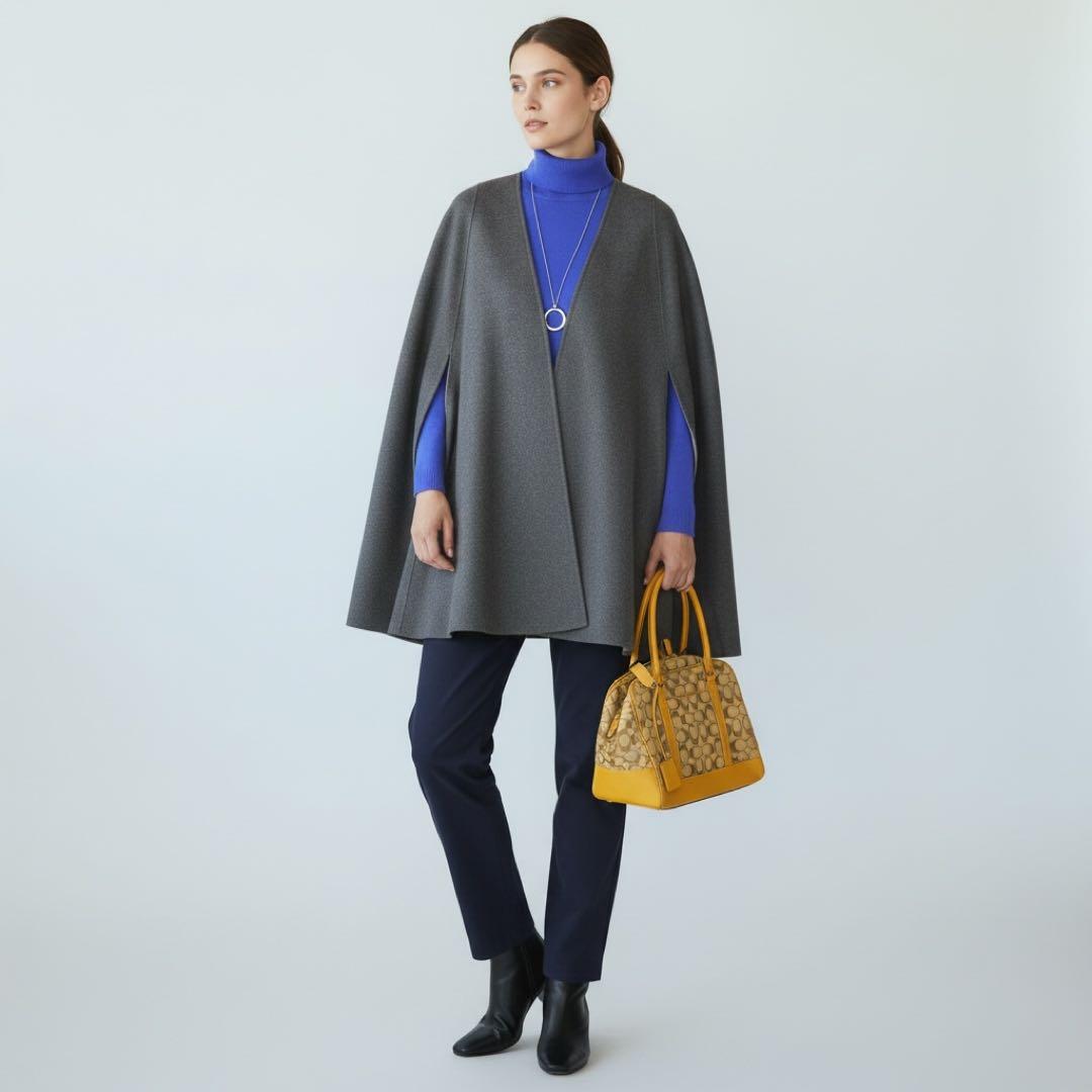 【極美品】AMACAアマカ ウール混リバーシブルケープコートMグレー