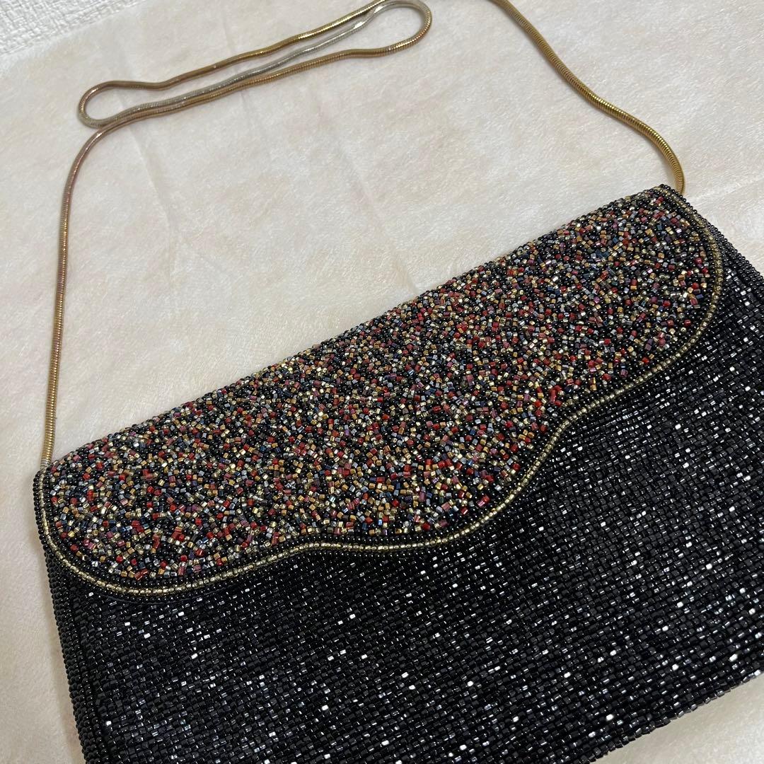 【極美品】LUMYはしもと　ビーズバッグ　ブラック×マルチカラー　パーティー