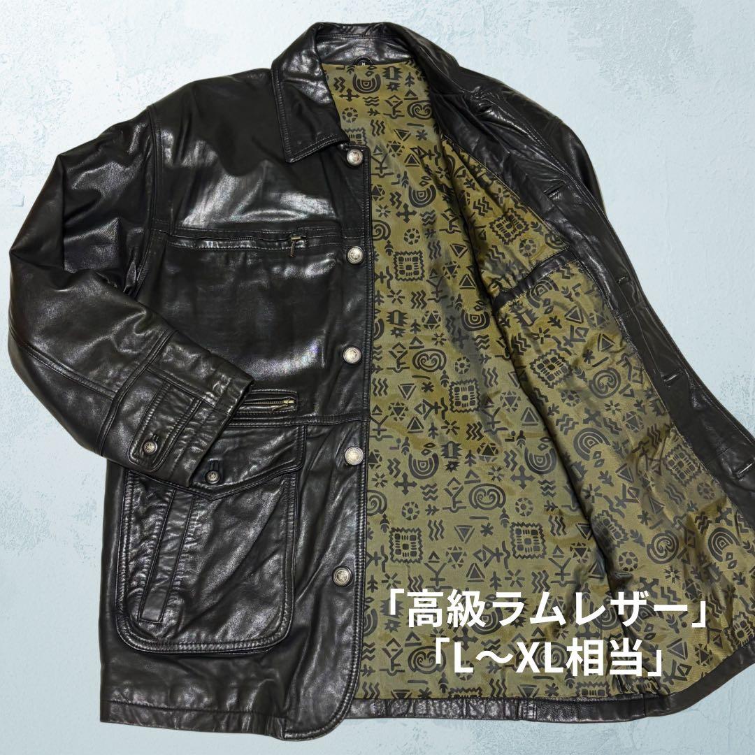 高級本革✨ラムレザーコート 裏地総柄 オクラホマ州章ボタン 黒 L〜XL相当