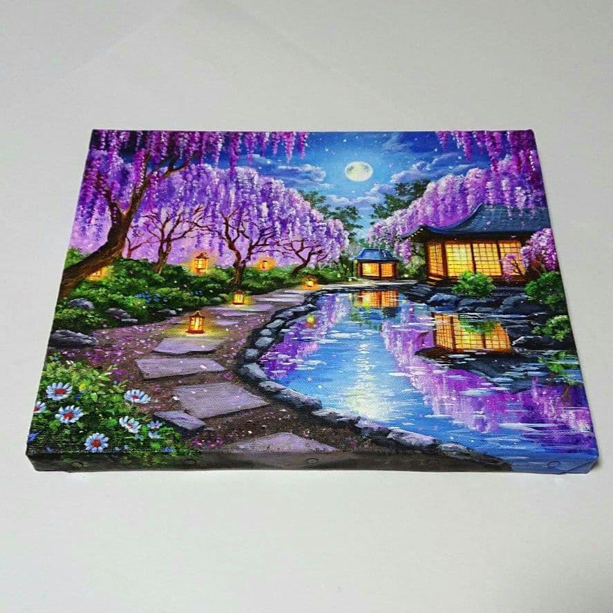【月夜の藤】アクリル画 F3 風景画 絵画