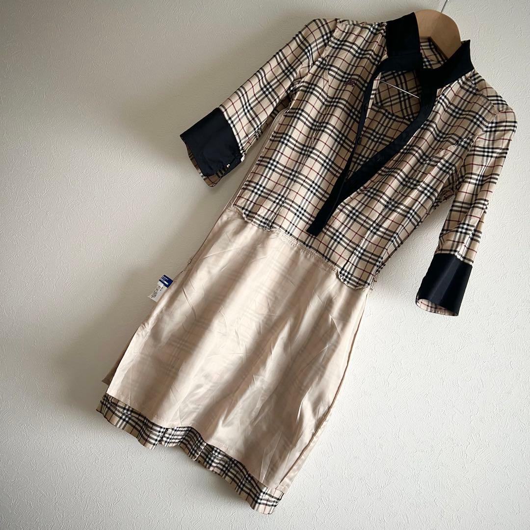 【美品】バーバリーブルーレーベル ノバチェック 春ワンピース38 ベルト付