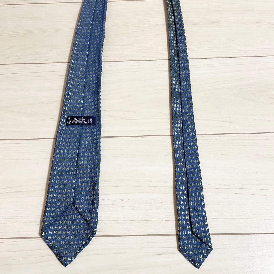 HERMES　エルメス　ネクタイ　ファソネ　総H柄 H織　ブルー　グリーン　青