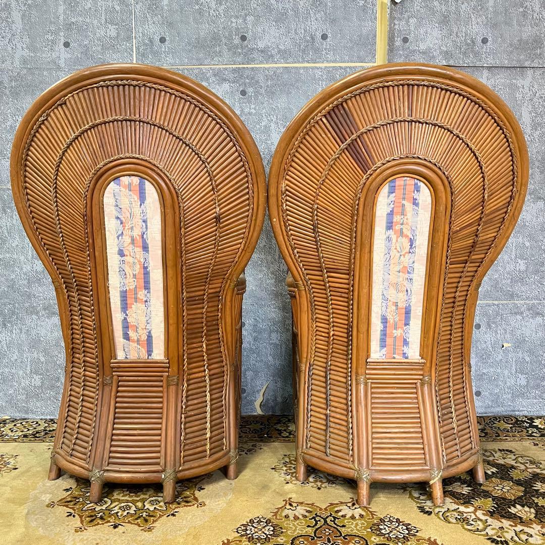꧁籐家具꧂ラタン ハイバックチェア2脚&コーヒーテーブルセット 籐素材 机 椅子