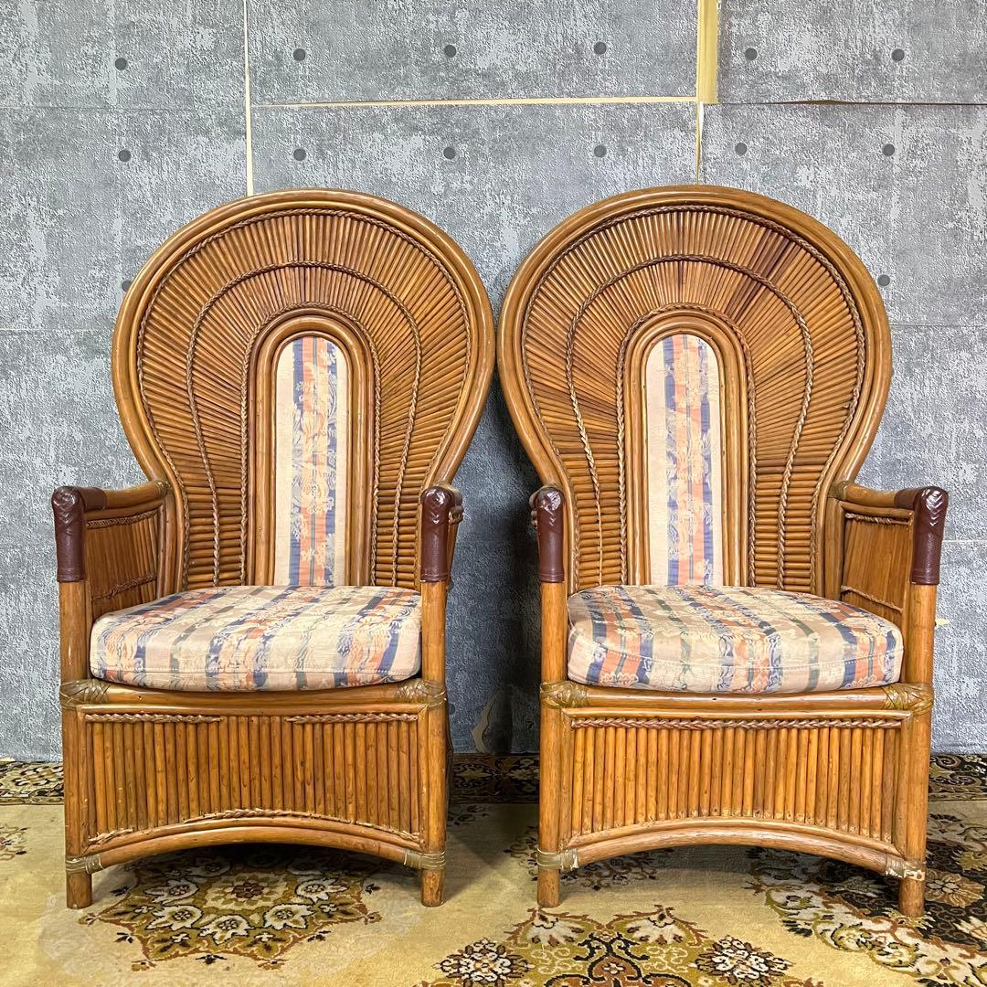 ꧁籐家具꧂ラタン ハイバックチェア2脚&コーヒーテーブルセット 籐素材 机 椅子