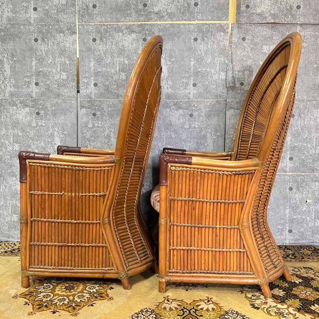 ꧁籐家具꧂ラタン ハイバックチェア2脚&コーヒーテーブルセット 籐素材 机 椅子