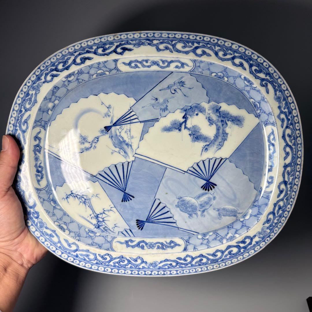 幕末〜明治期　古伊万里　染付松竹梅鶴亀扇子絵大皿　細かい絵付け　唐草文　32cm