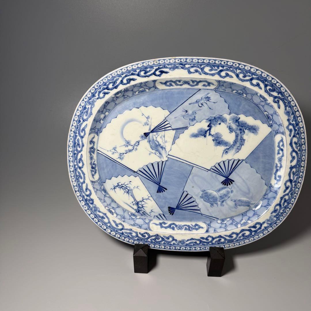 幕末〜明治期　古伊万里　染付松竹梅鶴亀扇子絵大皿　細かい絵付け　唐草文　32cm