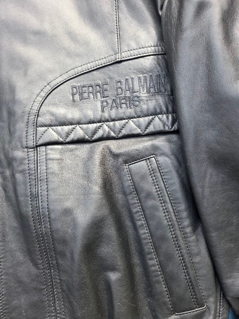 090　PIERRE BALMAIN ブラックレザーシングルライダースジャケット