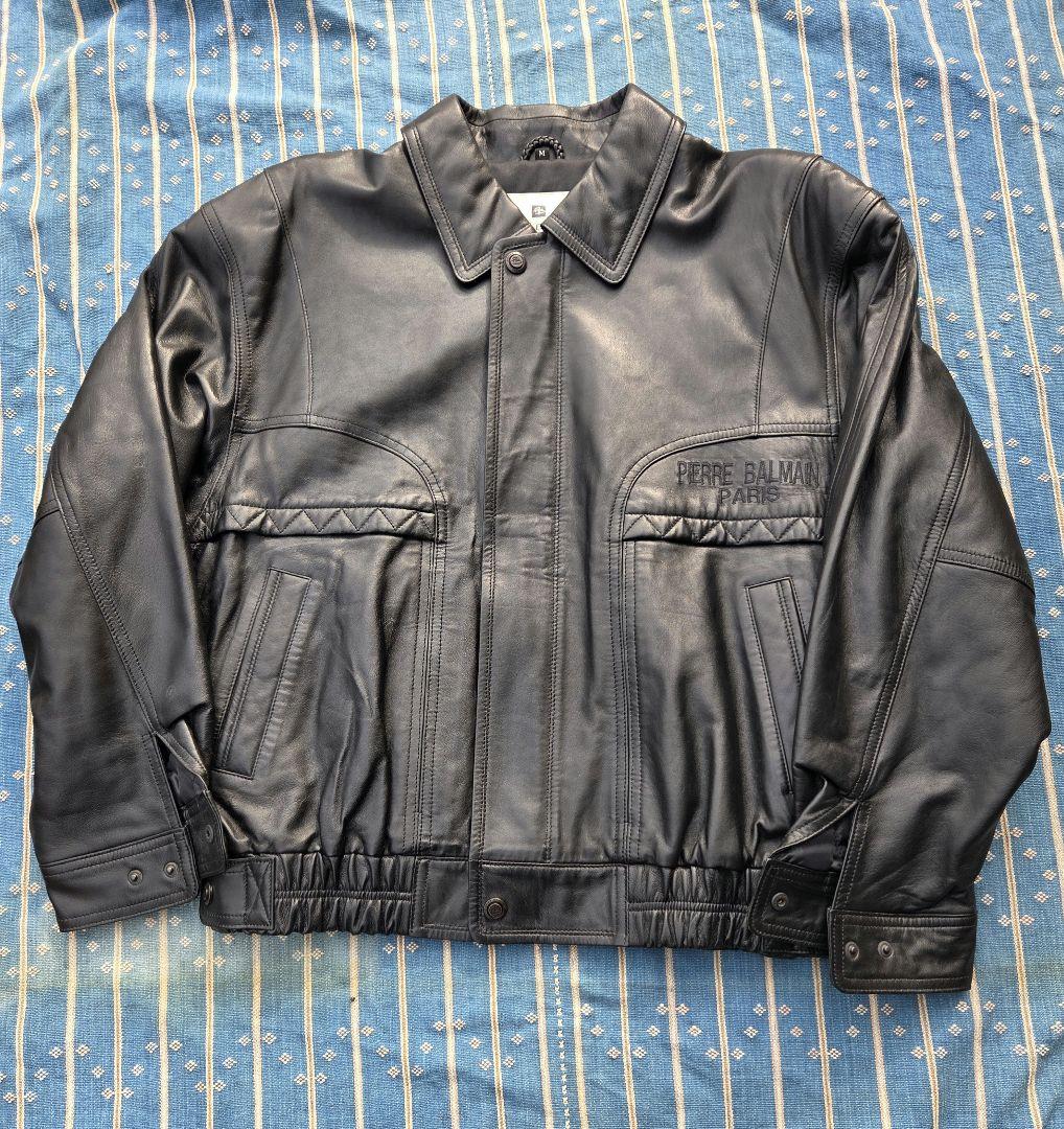 090　PIERRE BALMAIN ブラックレザーシングルライダースジャケット
