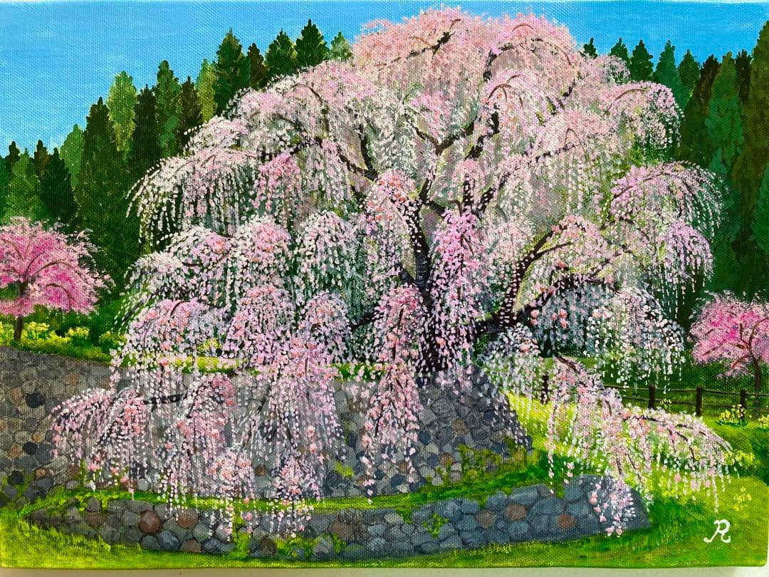 花の絵　風景画　アクリル画　原画　　　　　 　　「古都の枝垂れ桜」F4