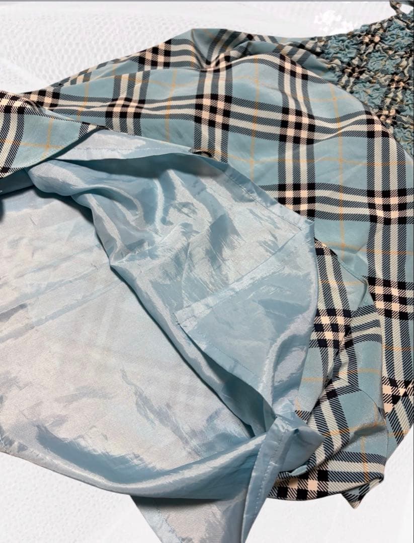 【美品】 バーバリーブルーレーベル キャミワンピース ギャザー ノバチェック 青