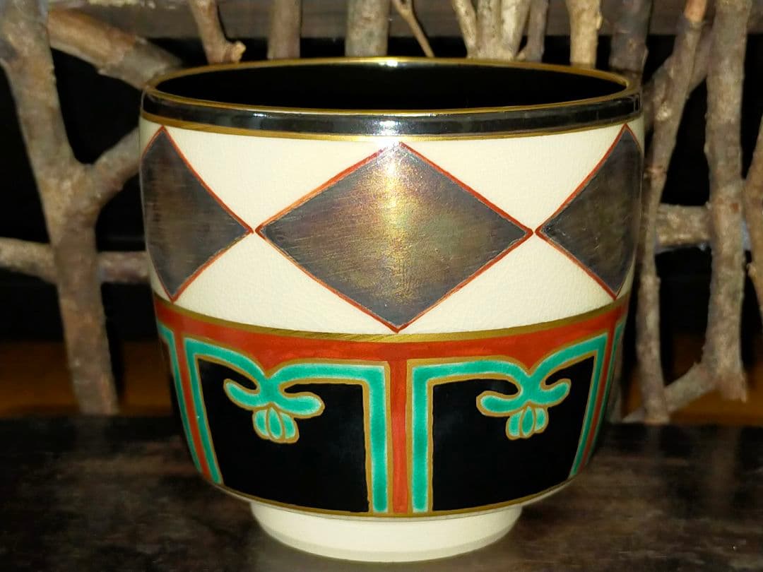 ♥仁清写し♥　銀菱　筒茶碗　④　平安桐鳳　共箱付き　茶碗　茶道具　骨董　古玩