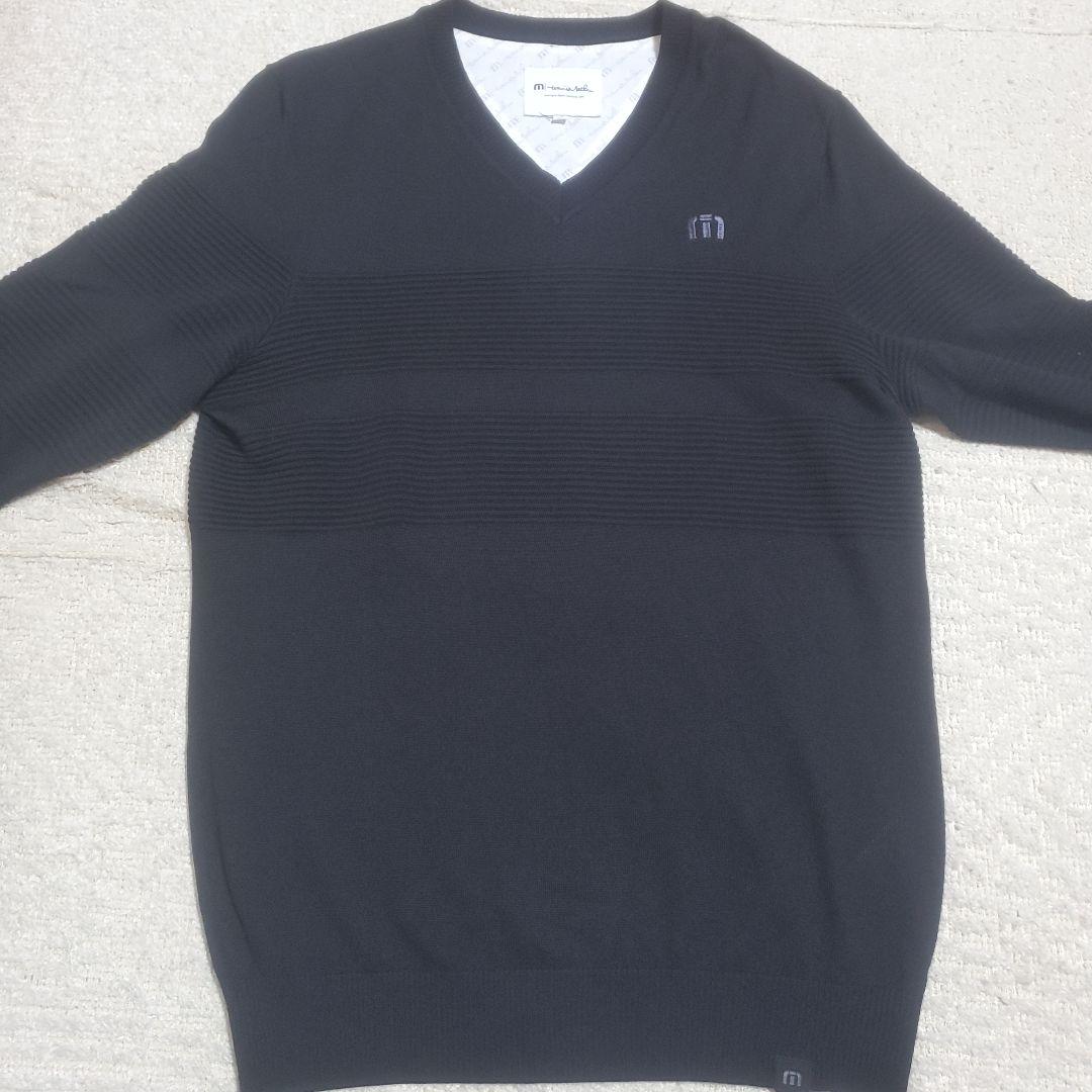 【美品】travisMathew　薄手ニット　ブラック　XL　ストライプ　タイト