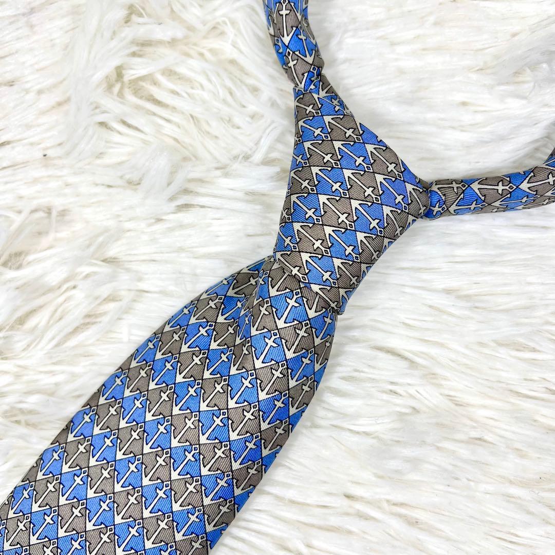 未使用級✨エルメス HERMES ネクタイ シルク イカリ柄 アンカー柄
