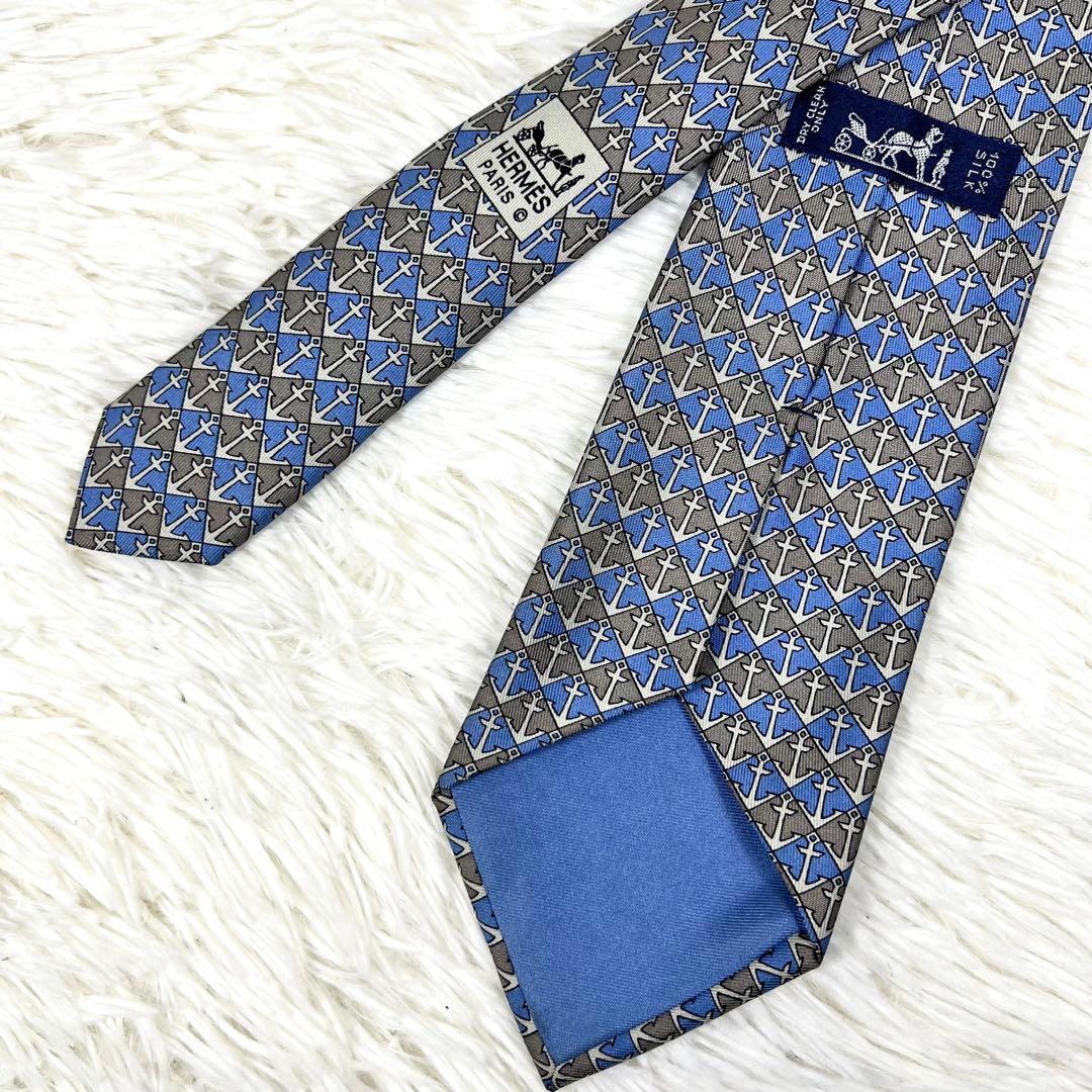 未使用級✨エルメス HERMES ネクタイ シルク イカリ柄 アンカー柄