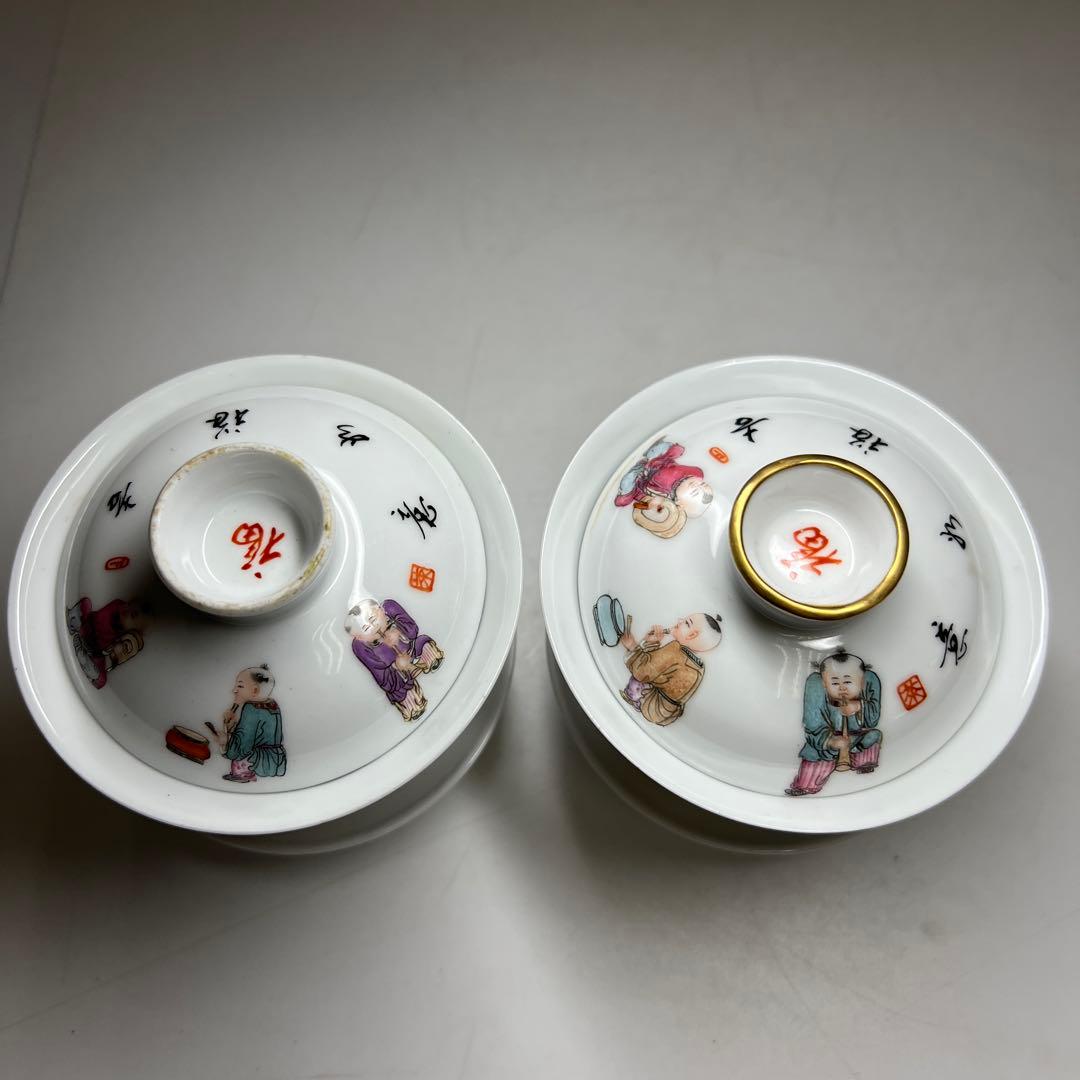 中国美術　景徳鎮　粉彩人物画蓋茶碗2客　高さ約9㎝　東Y8-0203②
