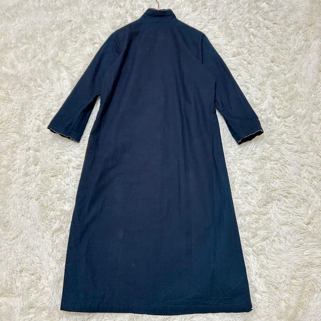 パラスパレス　ロングフレアワンピース　インディゴ　手洗可　七分袖　綿100%