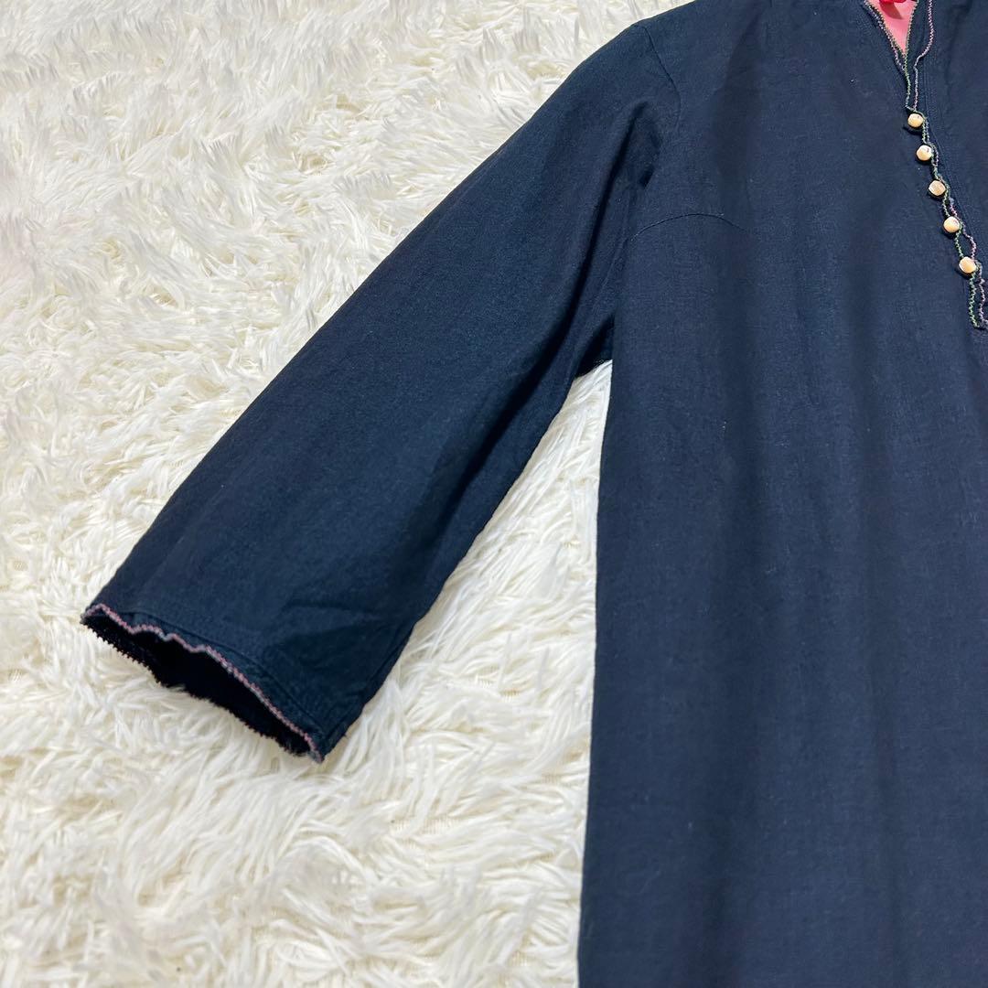 パラスパレス　ロングフレアワンピース　インディゴ　手洗可　七分袖　綿100%