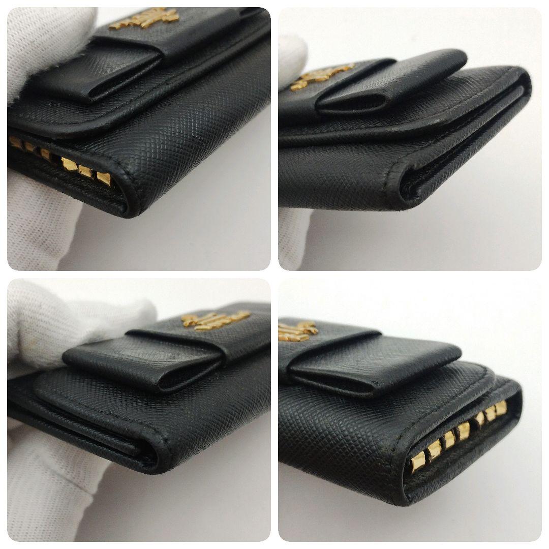 PRADA プラダ キーケース リボン ブラック系×ゴールド 4連 サフィアーノ