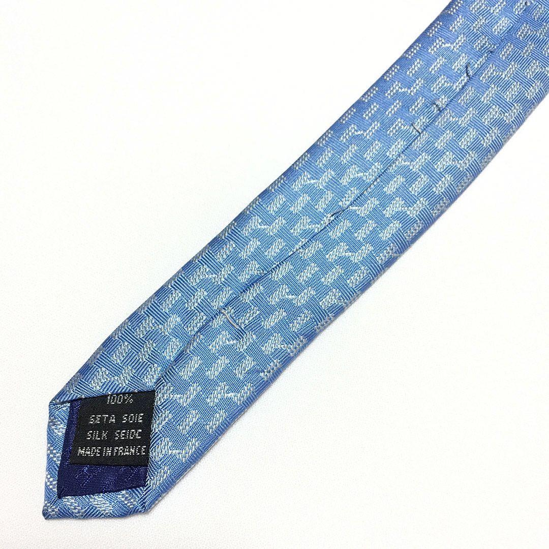 未使用級 エルメス HERMES ネクタイ シルク100% ライトブルー 総柄