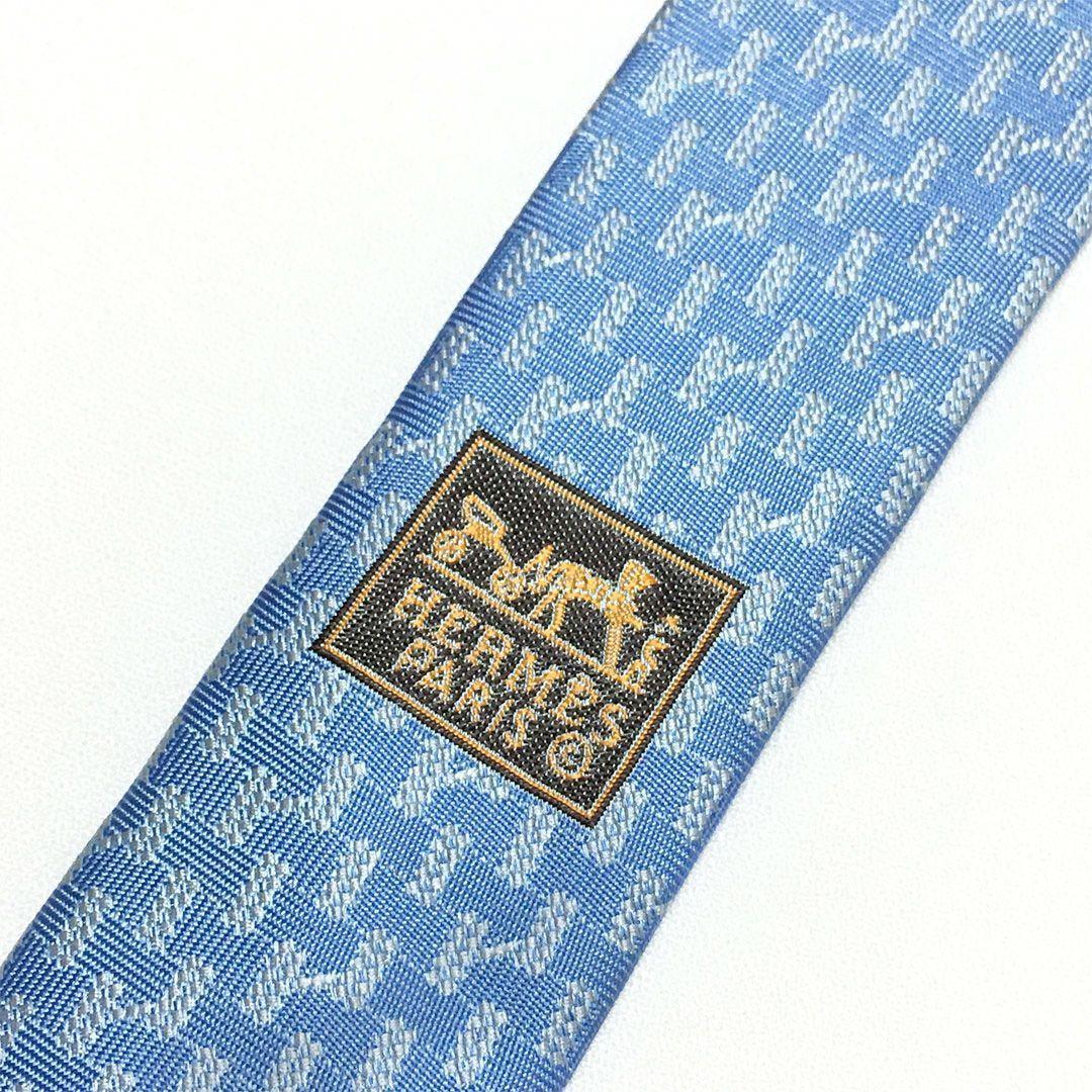 未使用級 エルメス HERMES ネクタイ シルク100% ライトブルー 総柄