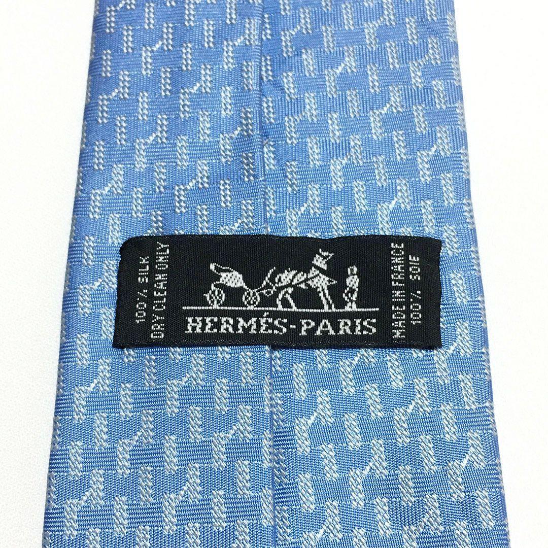 未使用級 エルメス HERMES ネクタイ シルク100% ライトブルー 総柄