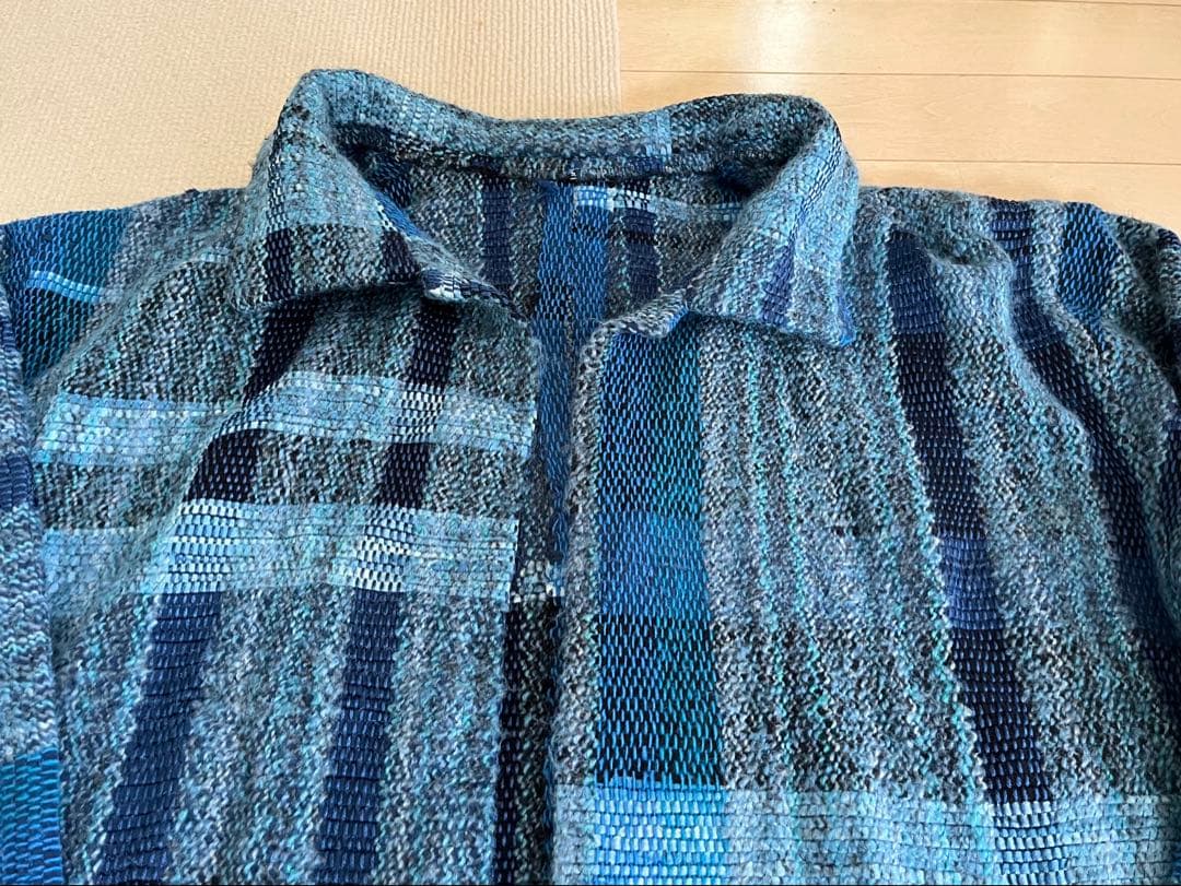 ◆裂き織り 羽織りジャケット コート L ブルー青 藍色 USED◆