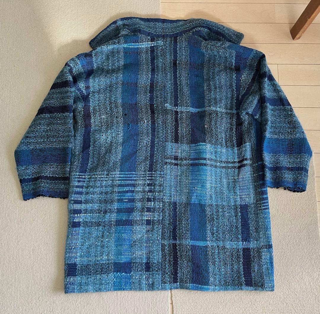 ◆裂き織り 羽織りジャケット コート L ブルー青 藍色 USED◆